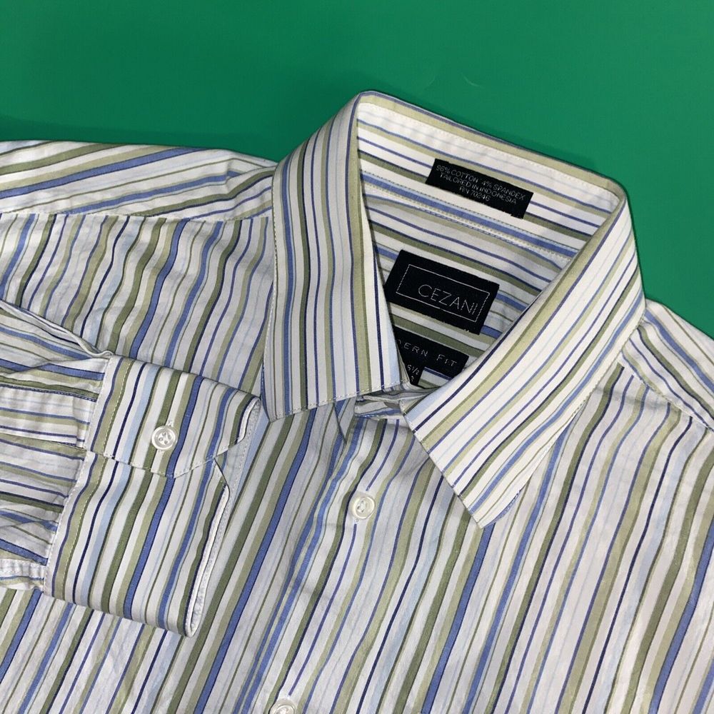 Cezani  Men's Medium Blue Stripe Long‎ Sleeve Button Up Casual Dress Shirt.